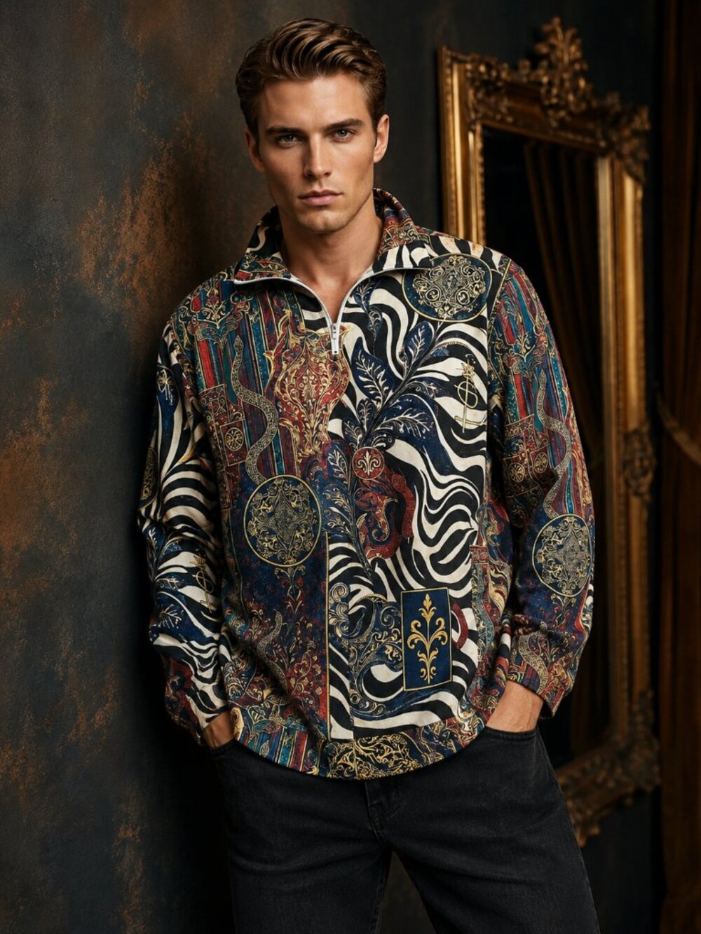 Conceptual Subculture Baroque Cotton Mens Pullover Sleeve Polo Shirt Size 3X